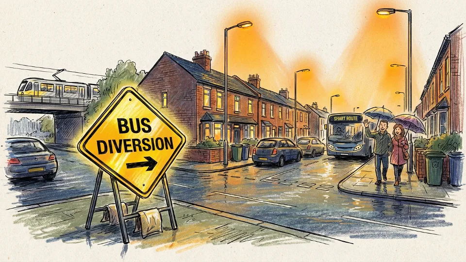 Bus route detour sign and residential street intersection in West Midlands at night