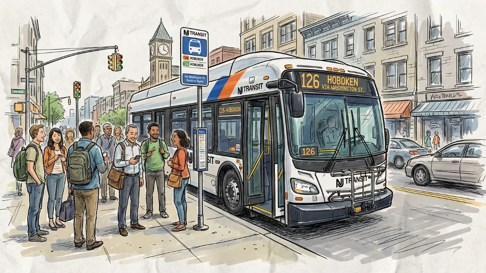 NJ Transit bus at downtown stop with passengers waiting to board