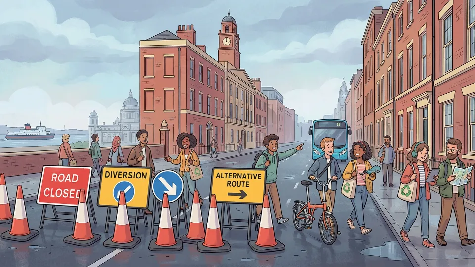 Road closure signs and traffic cones on an urban street in Liverpool, with detour signage directing vehicles to alternative routes