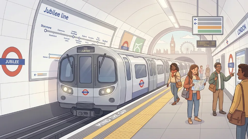 Jubilee line train at London Underground station showing route map and signage