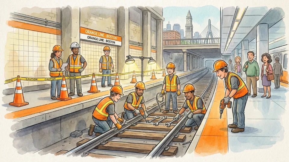 MBTA workers performing track maintenance and repairs on Orange Line near station platform