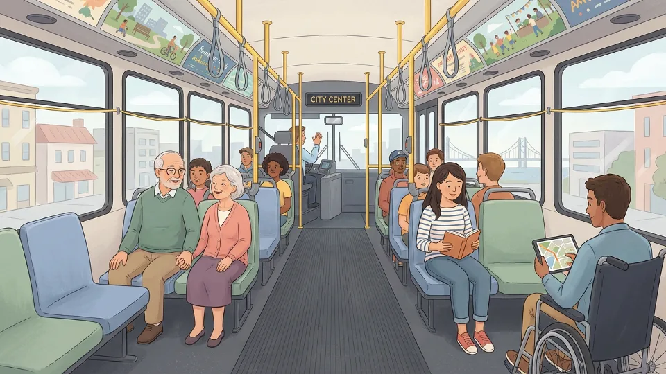 Transit bus interior showing passengers seated during regular service