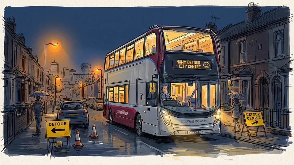 Birmingham bus navigating residential street detour at night