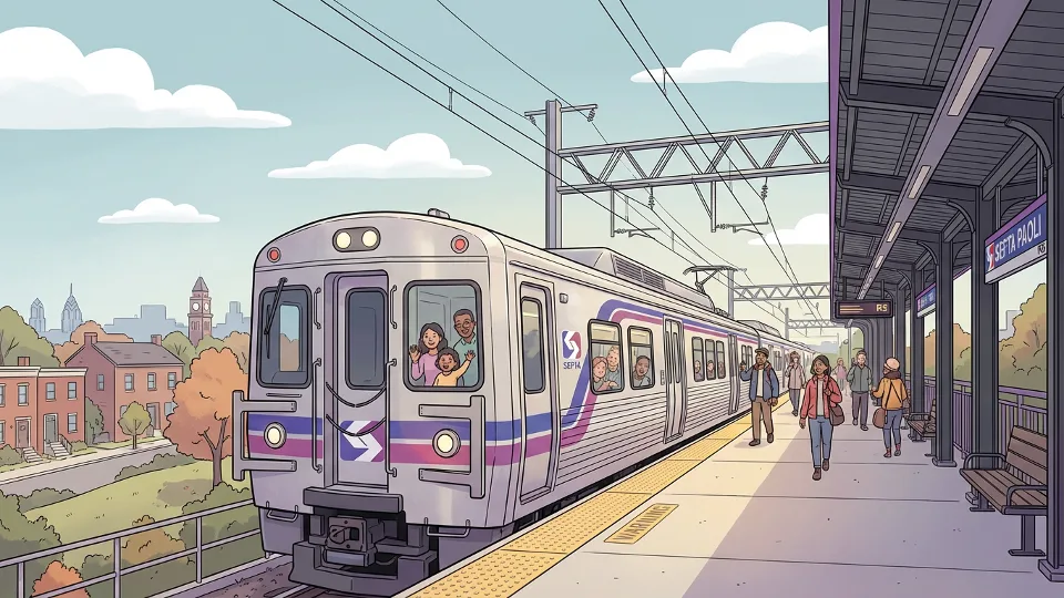 SEPTA Regional Rail train traveling through suburban Philadelphia station