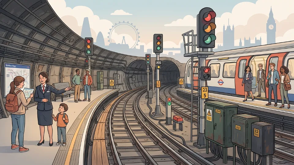 Railway signal equipment and control systems at London Underground station, showing technical infrastructure and track signals