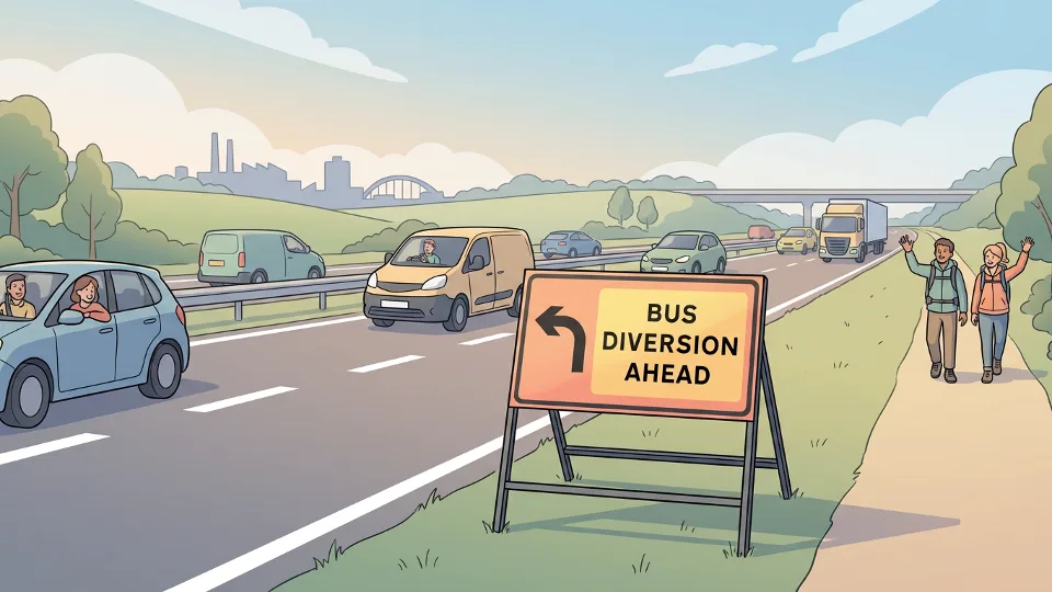 Bus diversion sign on M56 motorway in Cheshire with traffic in background