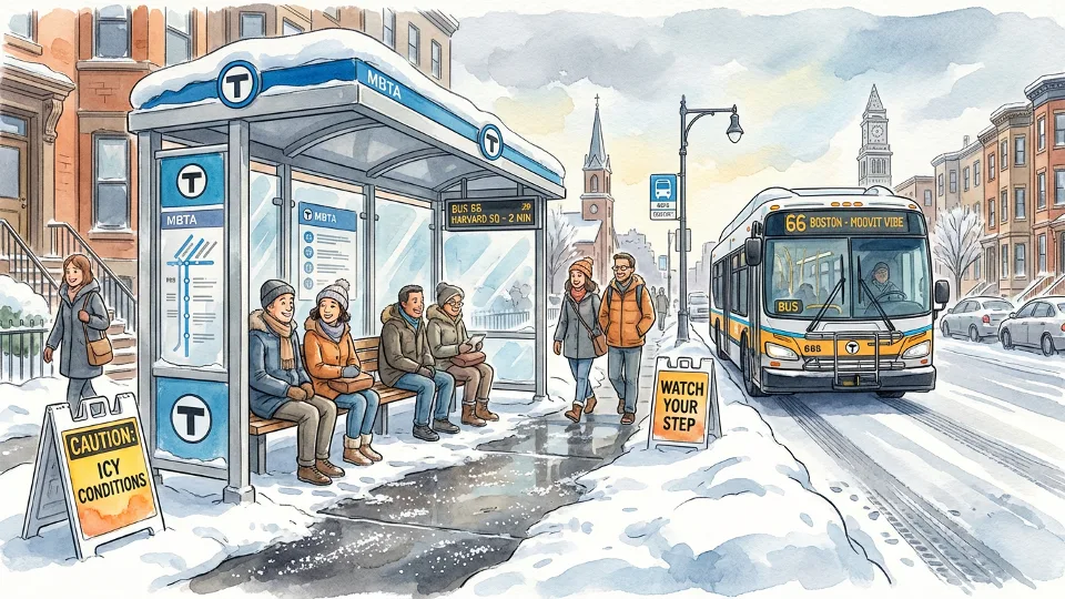 Snow-covered MBTA bus stop with winter safety signage and cleared pathway
