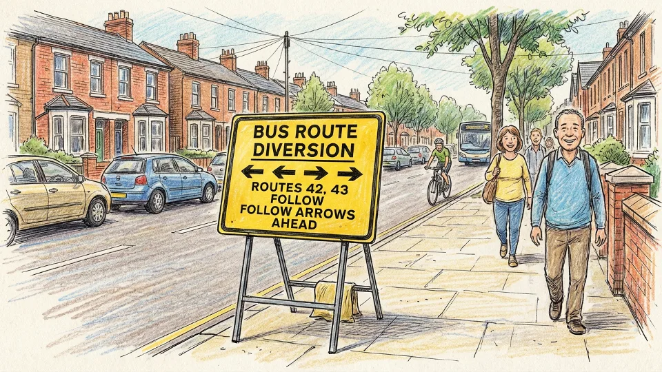 Bus route diversion sign on residential street with multiple turn directions