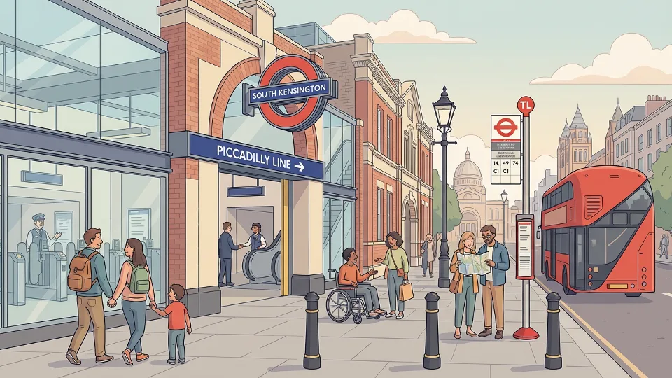 London Underground Piccadilly Line station entrance with TfL roundel and bus stop in foreground