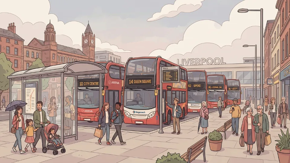 Multiple Liverpool buses lined up at city center transit stop showing route numbers on digital displays