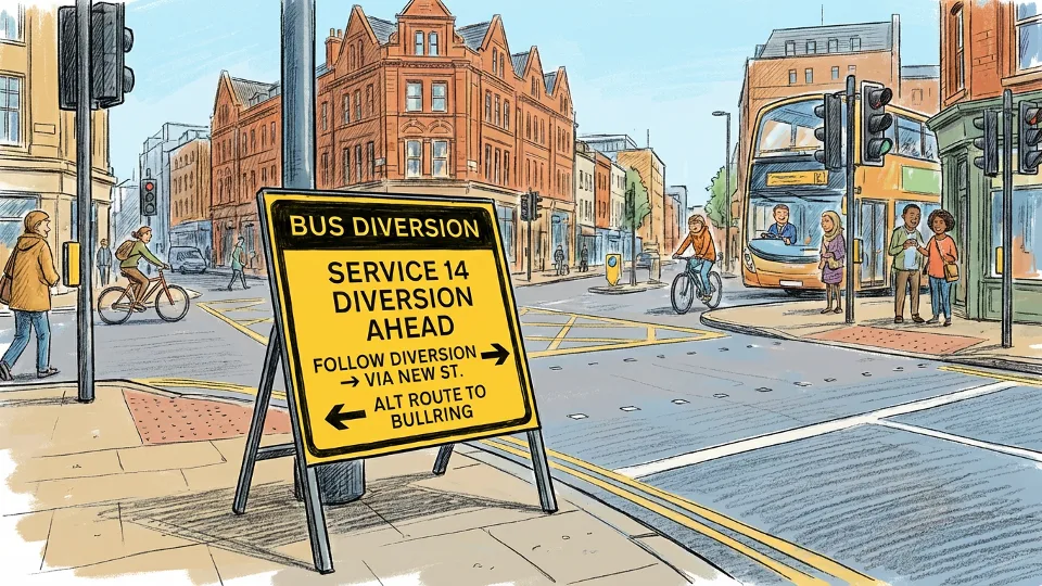 Bus route diversion sign at Birmingham street intersection showing alternate route directions for service 14