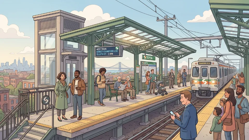 SEPTA passengers waiting on elevated train platform in Philadelphia