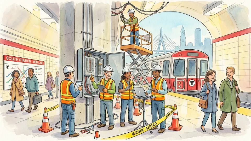 MBTA maintenance crew working on electrical equipment at Red Line station