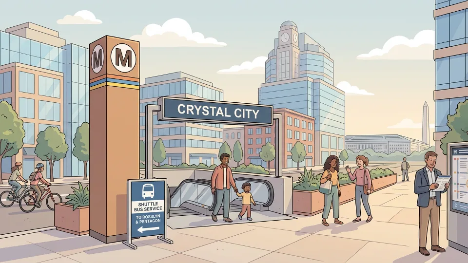 Crystal City Metro station entrance with signage directing passengers to shuttle bus service