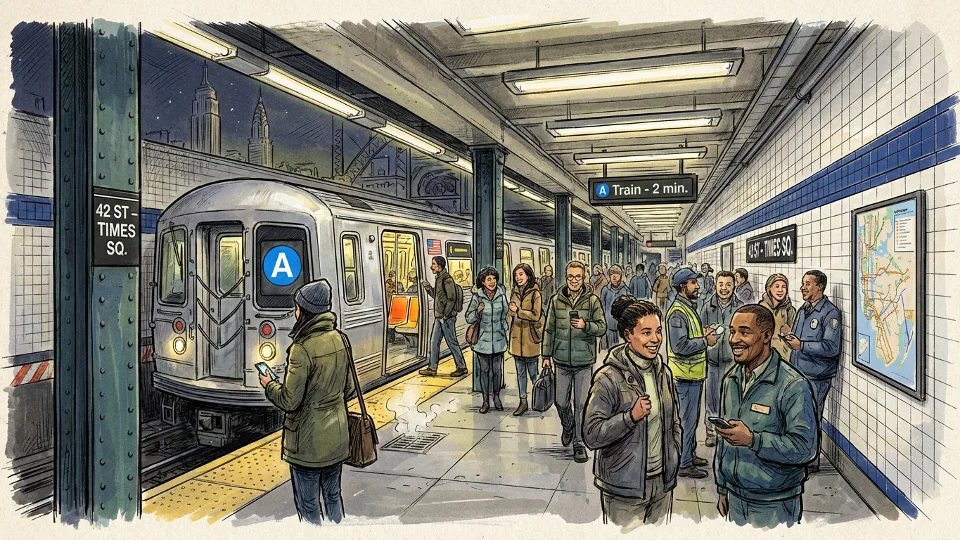 Subway platform at night with trains and passengers, showing 24-hour transit operations
