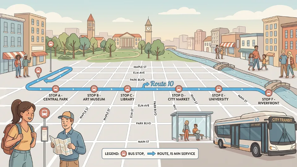 Bus route map showing urban transit corridor with multiple stops marked