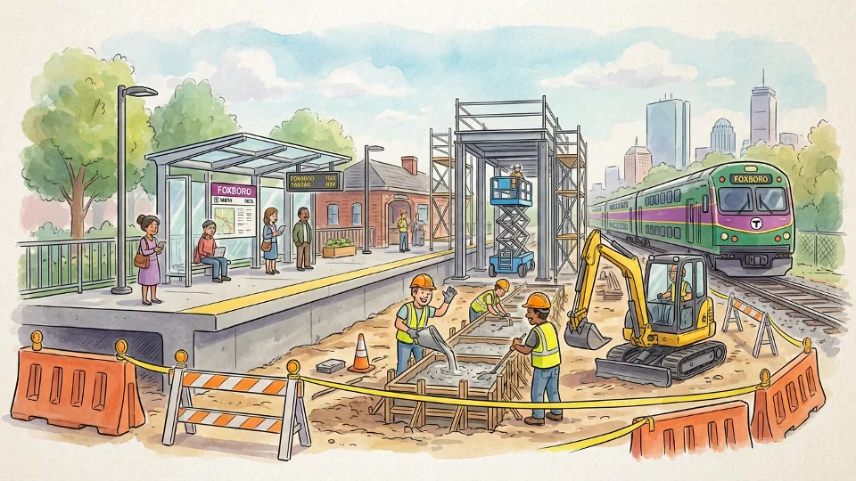 Foxboro Station platform with construction equipment and workers installing high-level boarding platforms