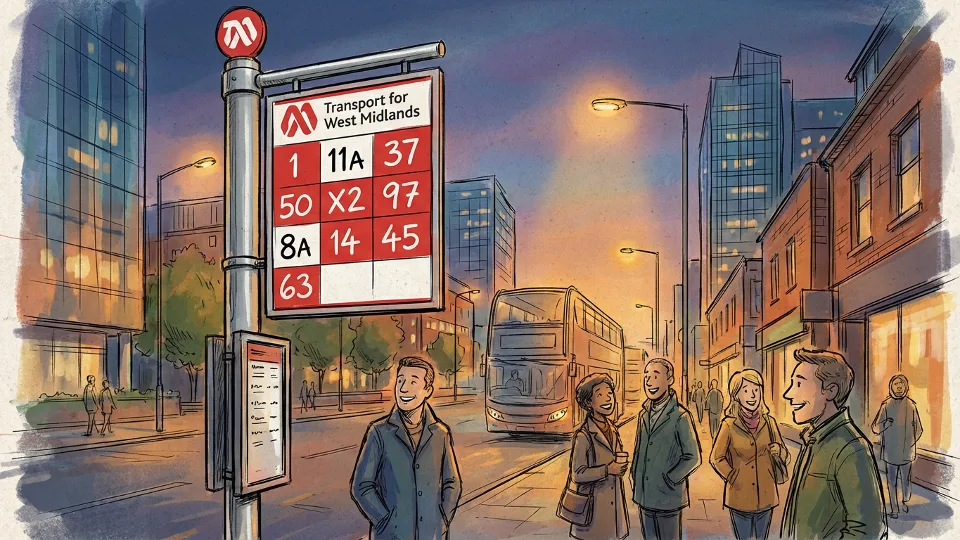 Birmingham bus stop sign showing multiple route numbers with city center buildings in background during evening hours