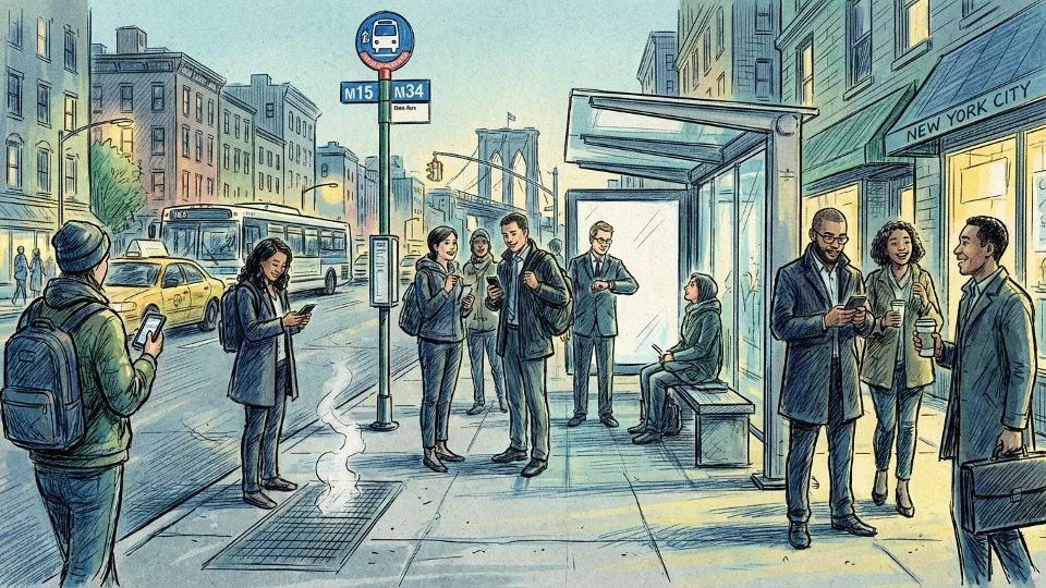 Commuters waiting at New York City bus stop during early morning rush hour