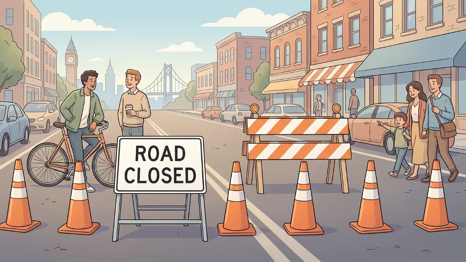 Road closed sign on urban street with orange traffic cones and construction barriers blocking vehicle access