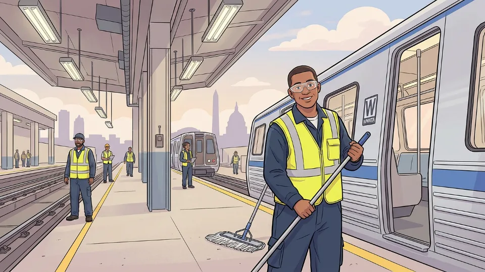 Metro cleaning crew member with equipment at a train maintenance facility