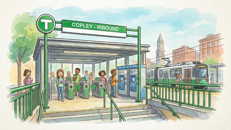 Boston MBTA Green Line station entrance with transit authority signage and fare gates