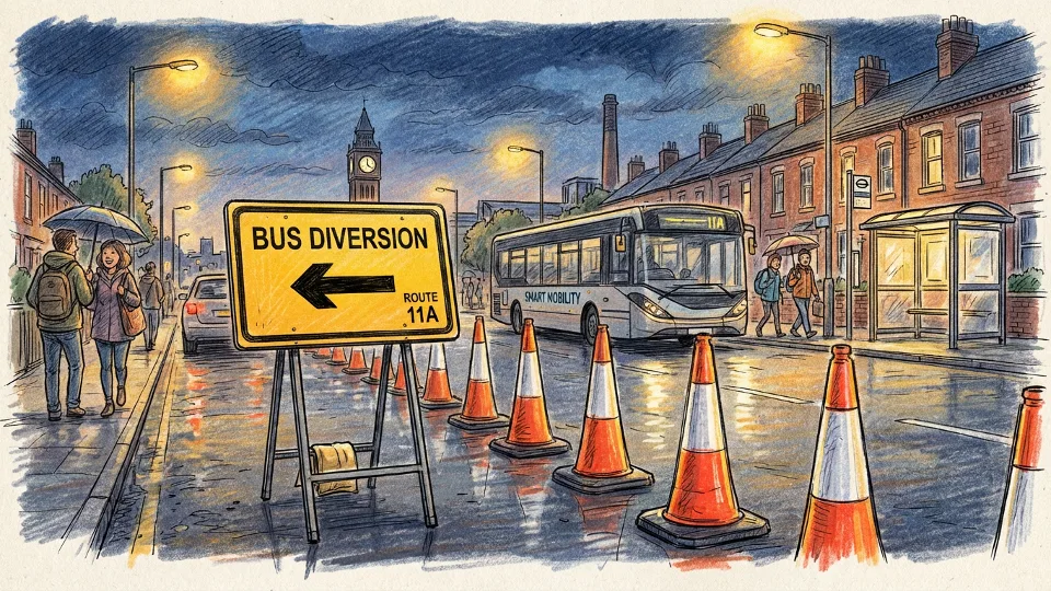 Bus diversion sign and traffic cones on urban road at night with street lighting