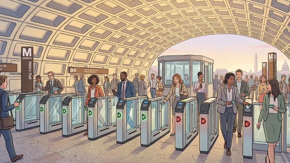 Metro Rail station entrance with fare gates and passengers entering during peak hours in DC Maryland Virginia region