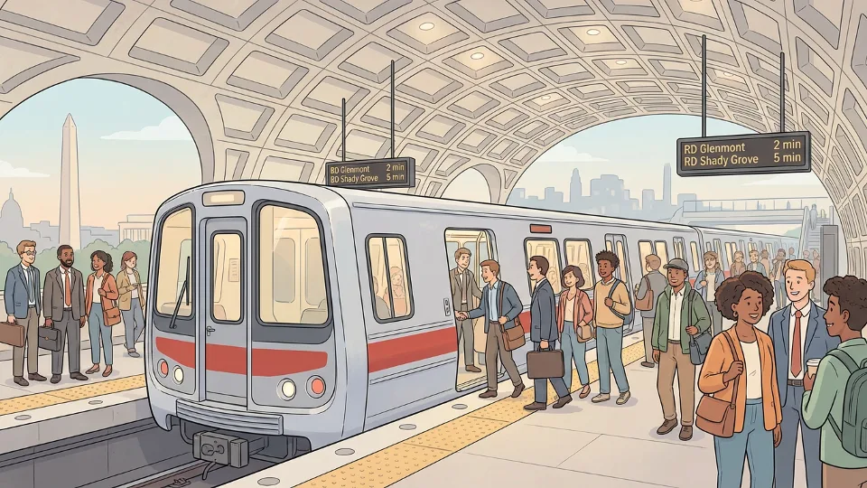 Metro Rail train at platform with passengers boarding during busy commute period in Washington DC area