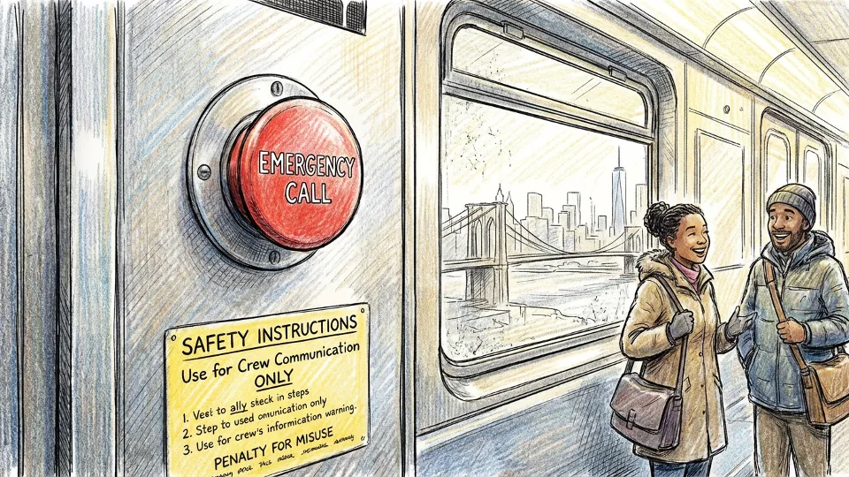 Close-up of red emergency crew call button inside NYC subway car with safety instructions visible