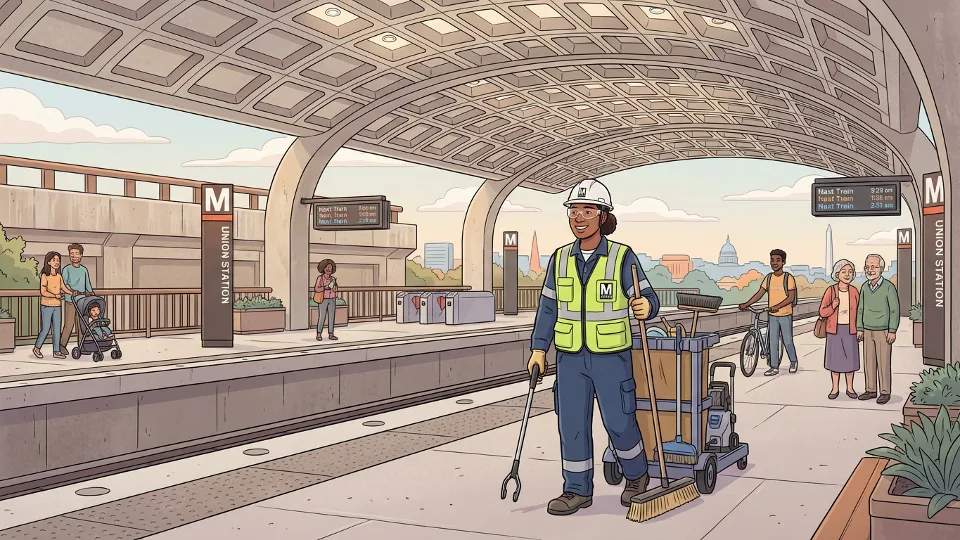 Metro transit worker performing station maintenance and cleaning duties at outdoor facility area with safety equipment