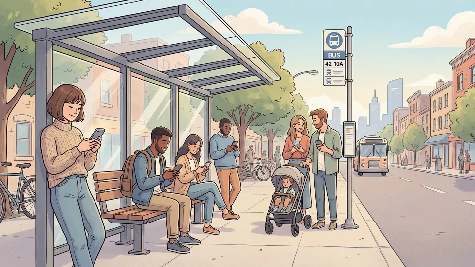 Transit passengers checking mobile phones for service updates at bus stop