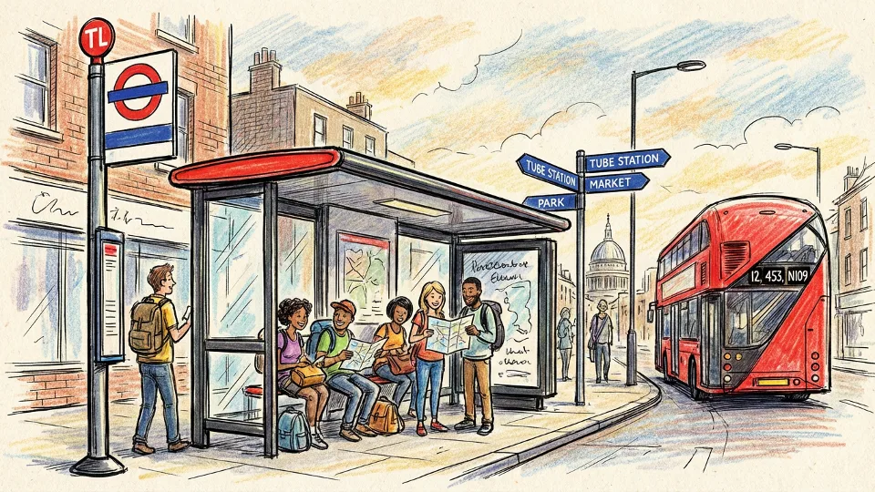 Bus stop sign and shelter on London street with directional wayfinding signage