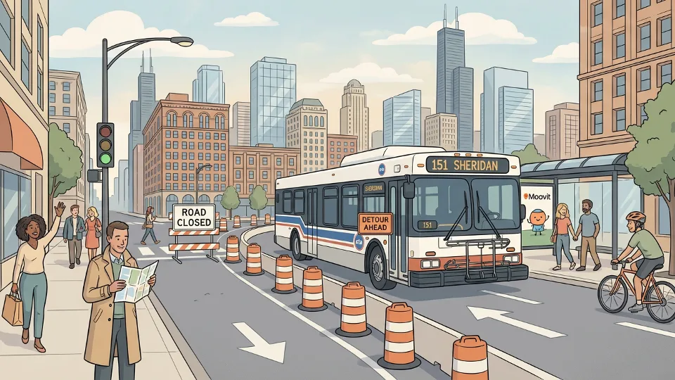 Chicago Transit Authority bus navigating downtown street detour with urban buildings and traffic signals visible