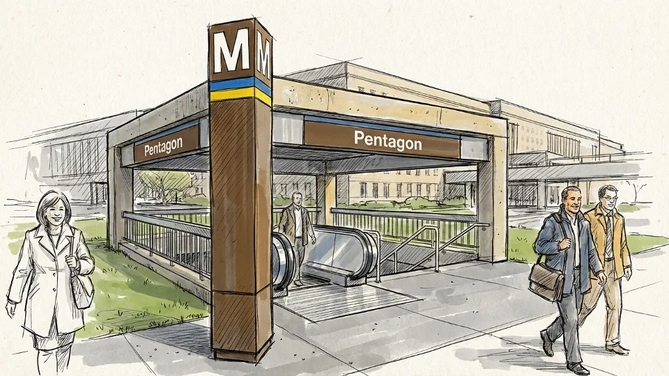 Pentagon Metro station entrance with signage and commuters entering