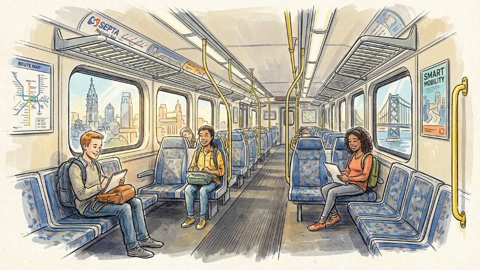 SEPTA Regional Rail train interior with empty seats and overhead luggage racks