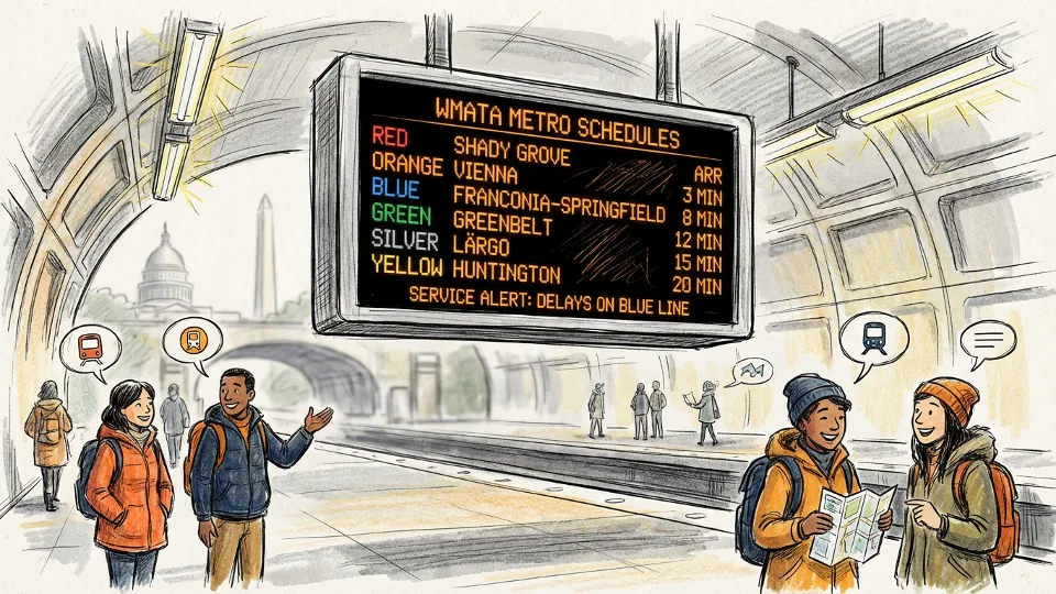Metro station information display showing train schedule and arrival times