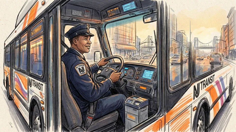 NJ Transit bus driver operating vehicle from driver's seat