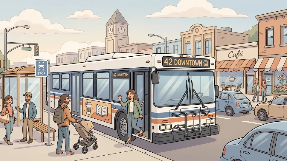 Transit bus on regular route showing route number display and typical street scene