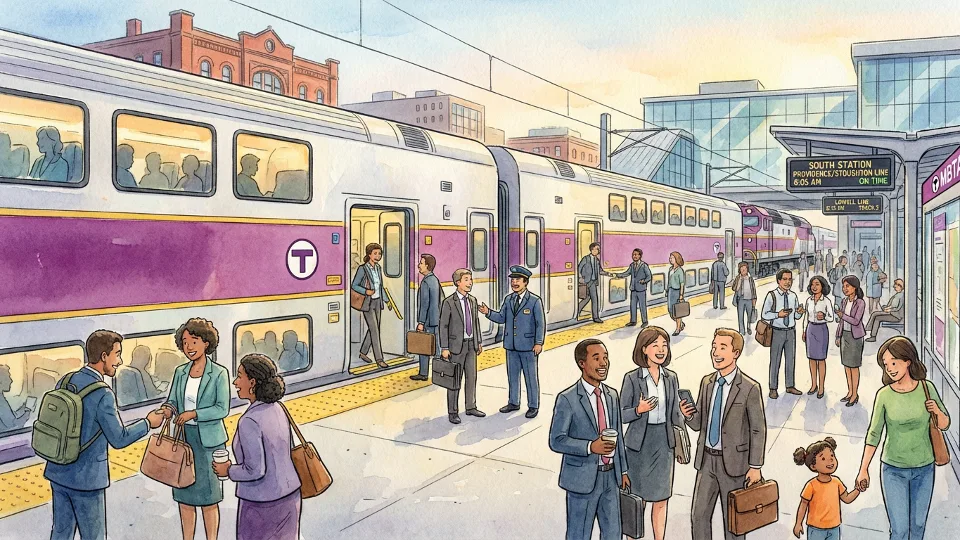 MBTA Commuter Rail train at Boston station platform during morning commute hours