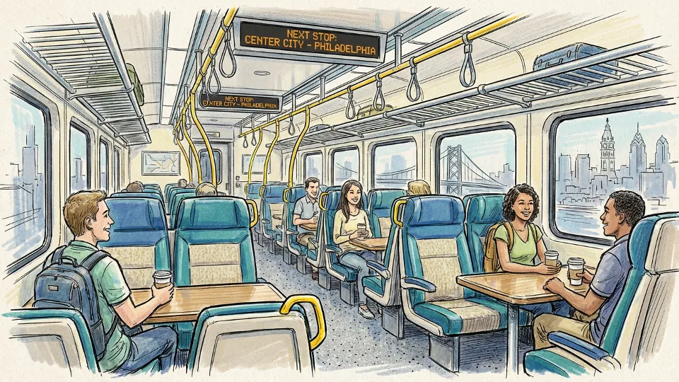 Interior view of SEPTA regional rail train car with commuter seating and information displays