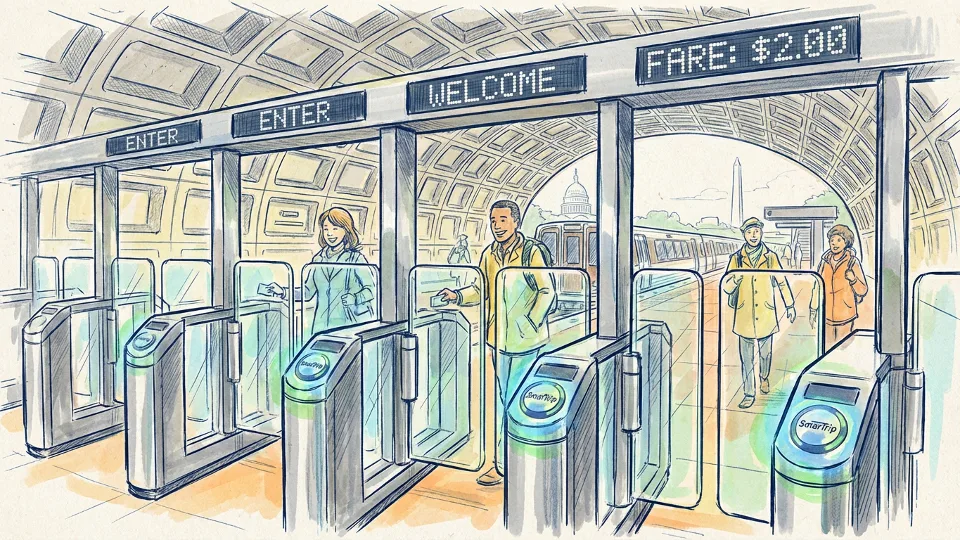 Metro station fare gate array with SmarTrip card readers illuminated. Alt text: Metro fare gates with SmarTrip card readers at Washington DC subway station. Composition: Wide shot of multiple fare gates showing card readers and digital displays, with station platform visible in background.