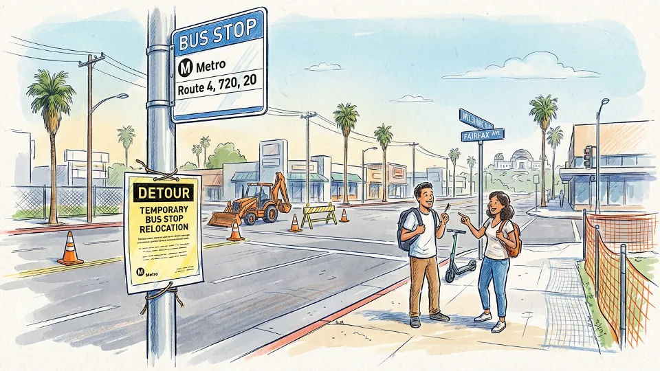 Bus stop sign with detour notice posted, urban street setting with construction equipment
