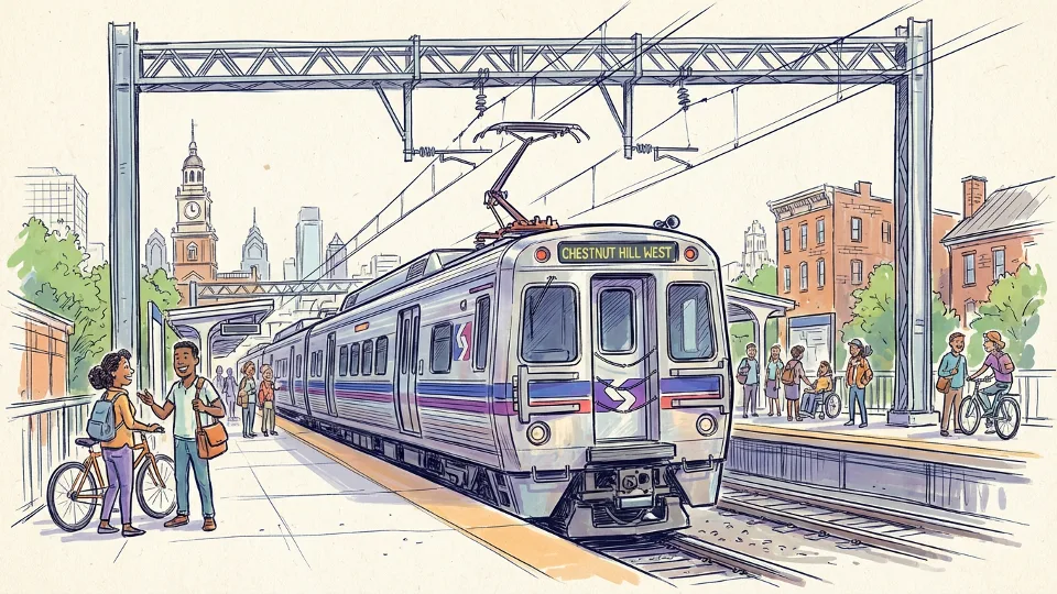 SEPTA Chestnut Hill West Line train on tracks approaching station with overhead catenary wires visible