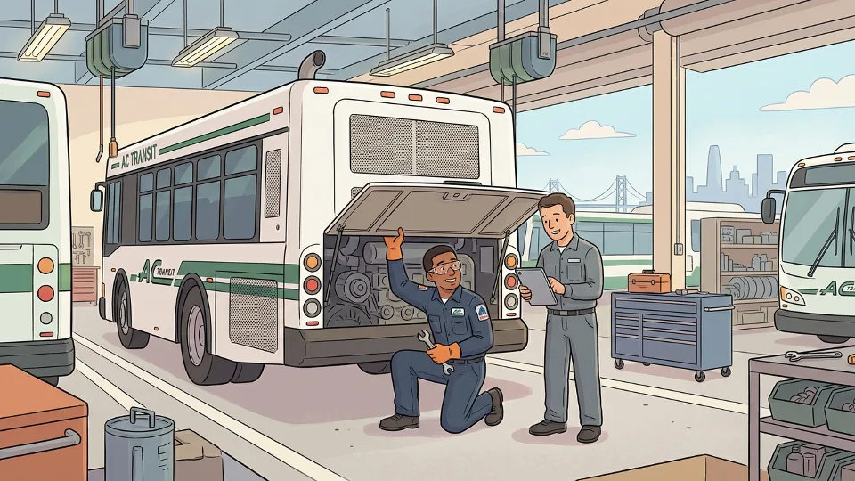 AC Transit mechanic working on bus engine at maintenance facility
