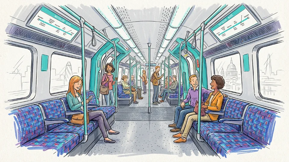 Interior of Waterloo & City Line train car showing seating and route map