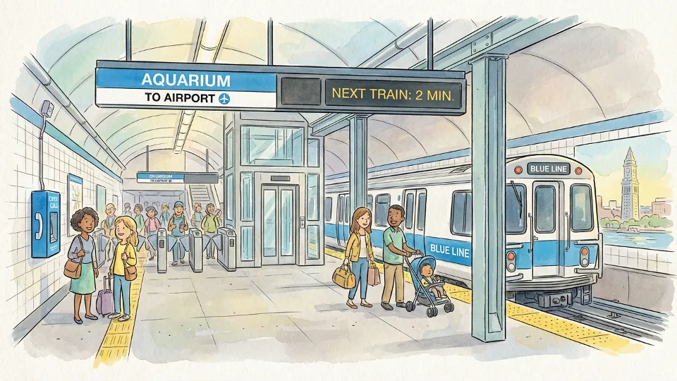 MBTA Blue Line tracks and station infrastructure showing transit operations