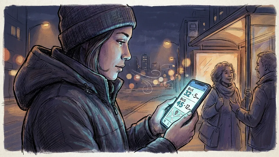 Close-up of bus rider checking smartphone for real-time bus arrival information at night