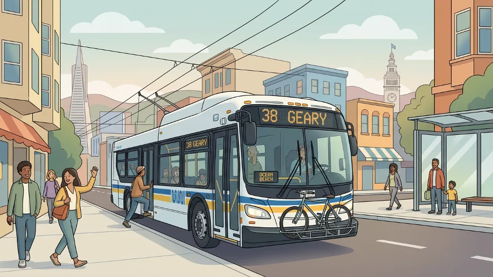 Transit bus on urban street with route number display visible