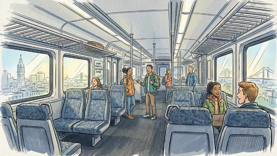 SEPTA regional rail train interior with empty seats and overhead luggage racks